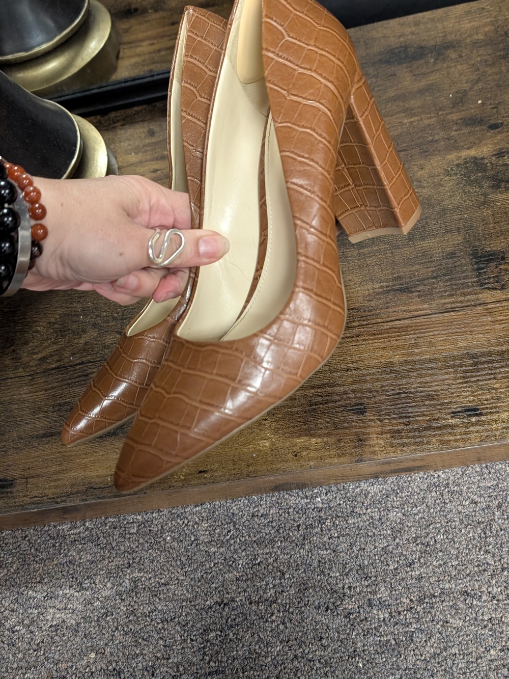 Nine West Brown Croc-Embossed Pointed Toe Pumps - Picture 6 of 11